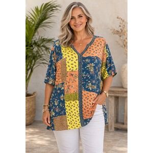 Womens Tunic Top 22/24‎ Patchwork Casual Cottagecore Colorful Relaxed